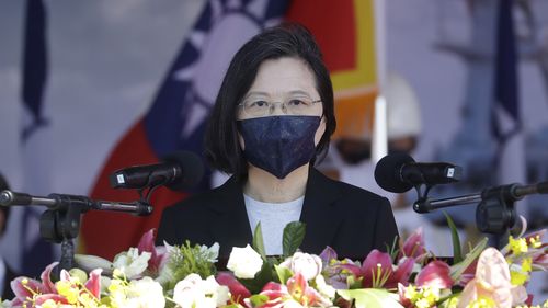 Taiwan's President Tsai Ing-wen delivered a keynote speech during the commissioning ceremony of the the domestically made Ta Jiang warship at the Suao naval base. 