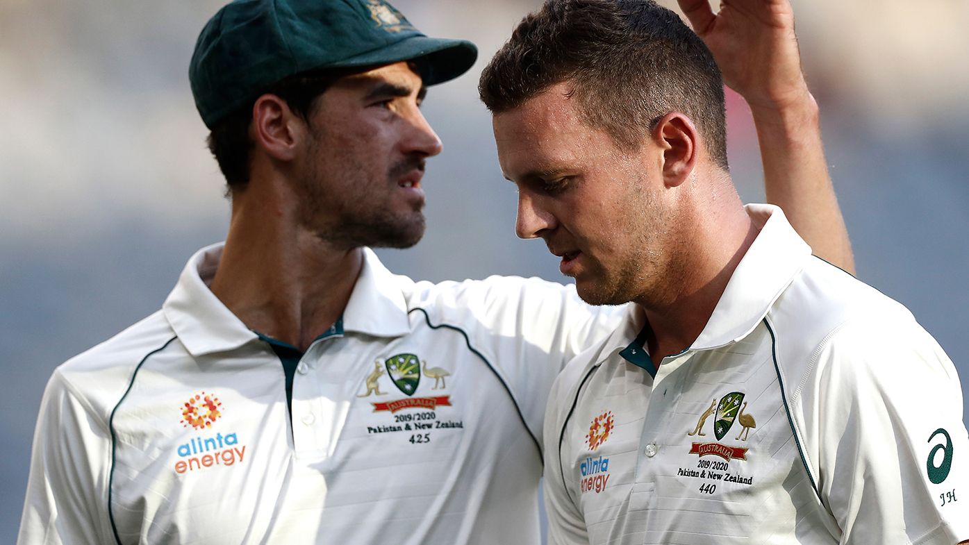 Josh Hazlewood, pictured with Mitchell Starc, will miss the first Test against South Africa.