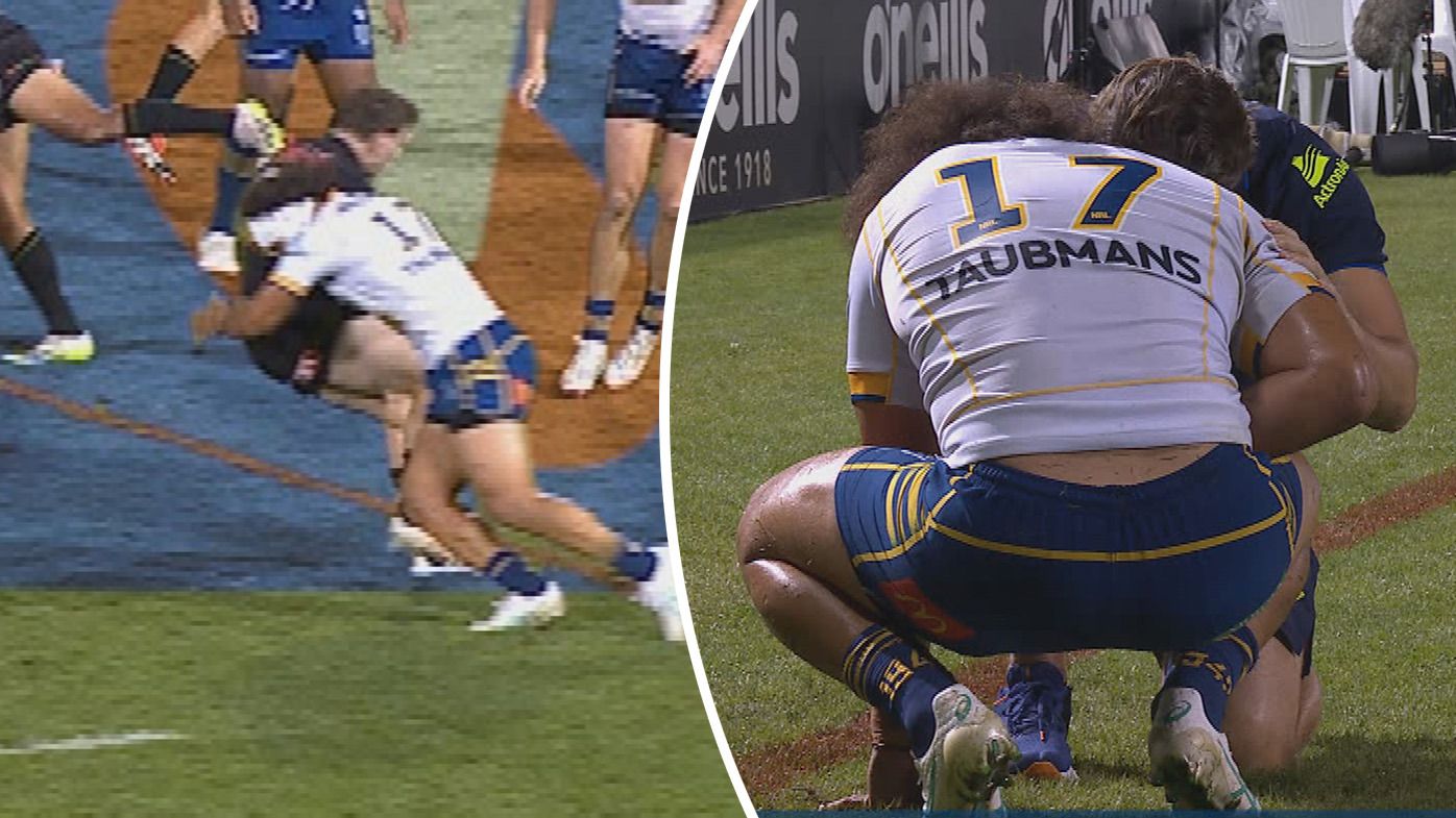 Eels enforcer Kelma Tuilagi suffers dislocated shoulder inflicting 'tackle of the season' on Liam Martin