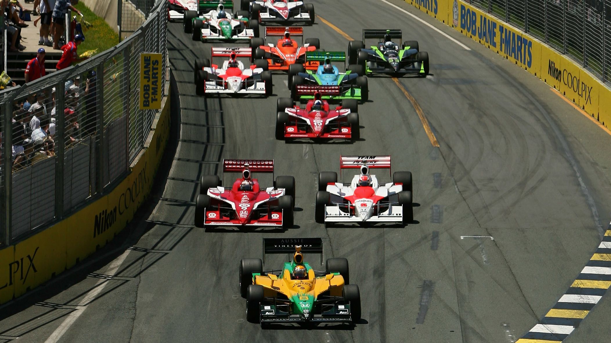 Will Power of the Team Australia leads into turn one during the IndyCar Series Indy 300 on the Gold Coast in 2008.