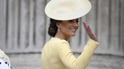 Britain's Kate, Duchess of Cambridge, smiles as she arrives for a thanksgiving service for the reign of Queen Elizabeth II at St Pauls Cathedral in London, Friday, June 3, 2022, on the second of four days of Platinum Jubilee celebrations.  The events over a long holiday weekend in the UK are designed to celebrate the 70th anniversary of the monarchs' service.  (Daniel Leal, pool photo via AP)