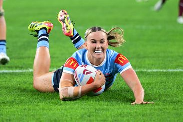 Jaime Chapman ran nearly 80m to score this try for the Sky Blues in the Women&#x27;s State of Origin series opener.