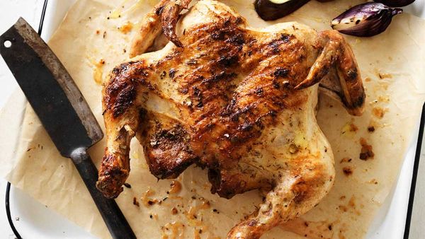 Dan Churchill's butterflied saltbush chook with charred vegetables recipe from Surfing the Menu