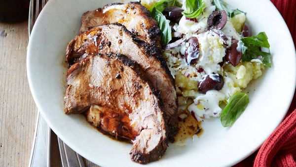 Boneless lamb shoulder roast with crushed kipflers recipe