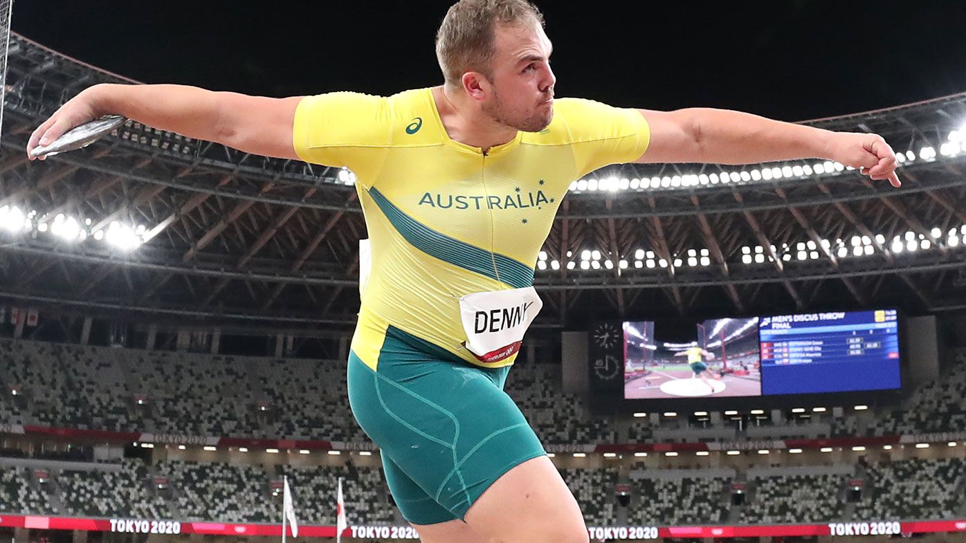 Matthew Denny of Team Australia competes in the Men&#x27;s Discus Throw Final on day eight of the Tokyo Olympic Games.