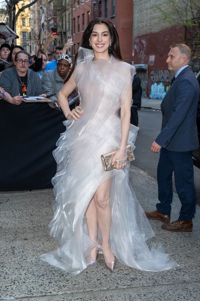 anne hathaway sheer black dress Long Ball Gown Satin Ruffle Off Shoulder Prom Dress  The Dress Outlet