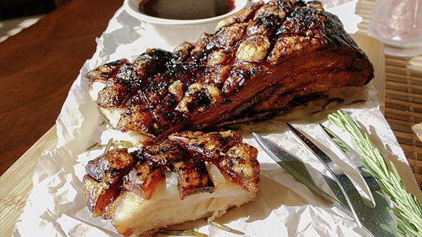 Blackcurrant and balsamic glazed pork belly