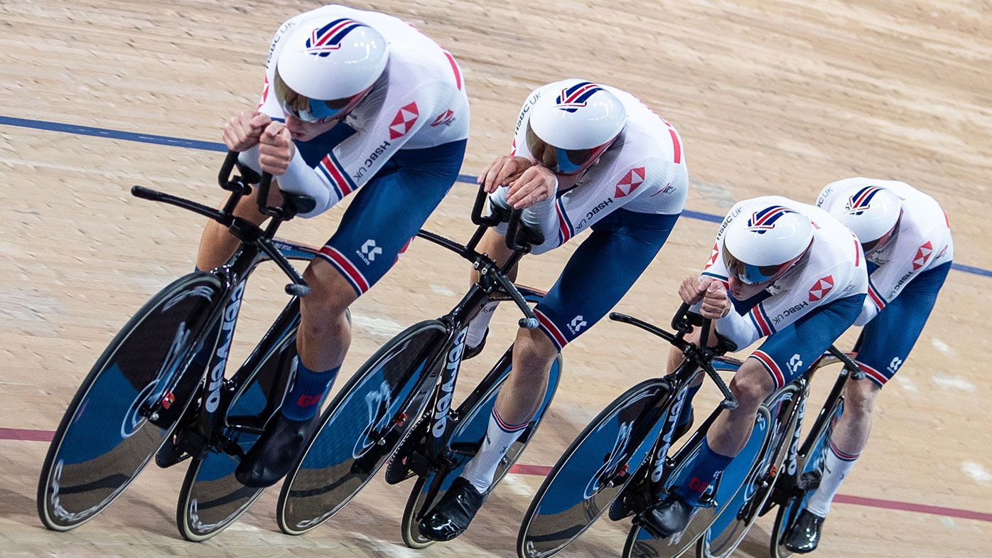 Edward Clancy, Oliver Wood, Charlie Tanfield and Ethan Hayter at the 2020 world titles.