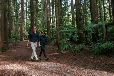 Meghan and Harry on a peaceful walk among the trees in the Redwood Memorial Grove, while touring New Zealand in 2018.