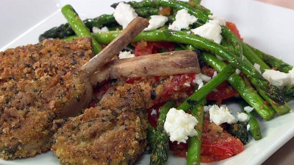 Herb-crumbed lamb cutlets with asparagus