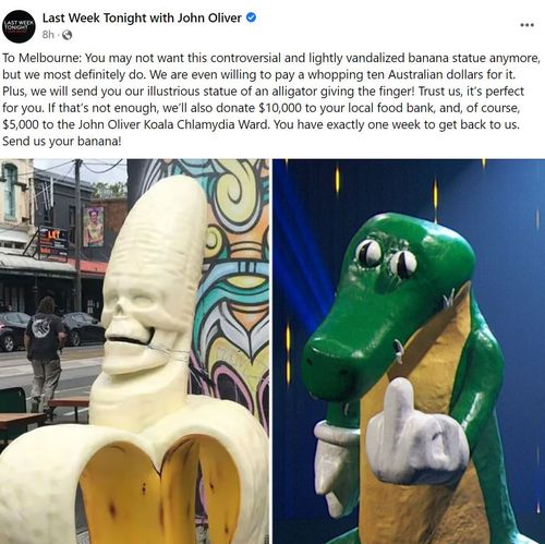 Comedian John Oliver makes offer to buy controversial banana statue for $10