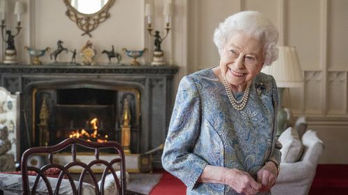 Britain's Queen Elizabeth II receives the President of Switzerland Ignazio Cassis and his wife Paola Cassis during an audience at Windsor Castle in Windsor, England on April 28, 2022. (Dominic Lipinski/Pool Photo via AP, File)