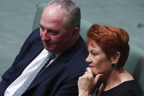 El miembro de Nueva Inglaterra Barnaby Joyce y la líder de One Nation, la senadora Pauline Hanson, en la Cámara de Representantes para asistir a un discurso de la presidenta de la Comisión Europea, Ursula von der Leyen, ante los miembros y senadores del Parlamento australiano en el Parlamento de Canberra el martes 24 de marzo de 2026. Fedpol Foto: Alex Ellinghausen