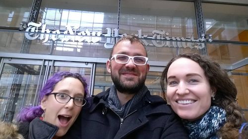 Megan Phelps-Roper (right) with friends Laura and Dustin Floyd outside The New York Times office. Source: Facebook