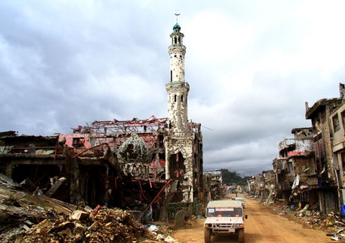 A devastated mosque in the ruined city of Marawi, Lanao del Sur province, Philippines. Authorities now face the task of rehabilitating the devastated city and providing housing to the displaced residents.