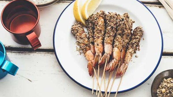 Barbecue prawns with macadamia dukkah and mint lemon yoghurt