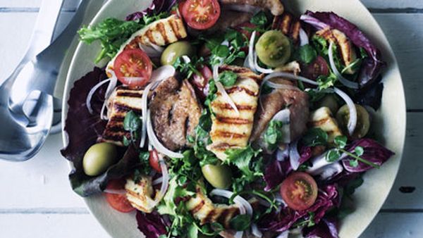 Barbecued chicken, haloumi and green olive salad