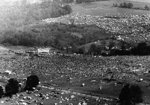 An aerial view of the crowd at Woodstock on Sunday, August 17, 1969.