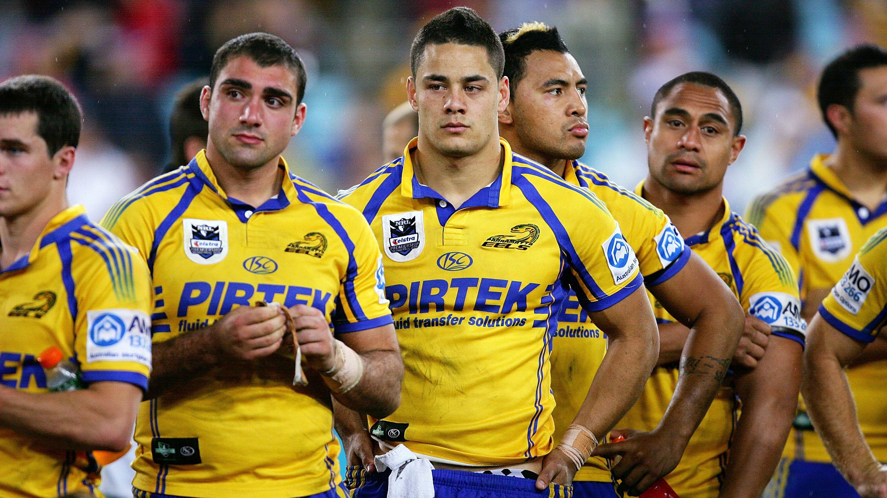 Jarryd Hayne and Eels teammates cut devastated figures after their 2009 grand final loss to the Storm.