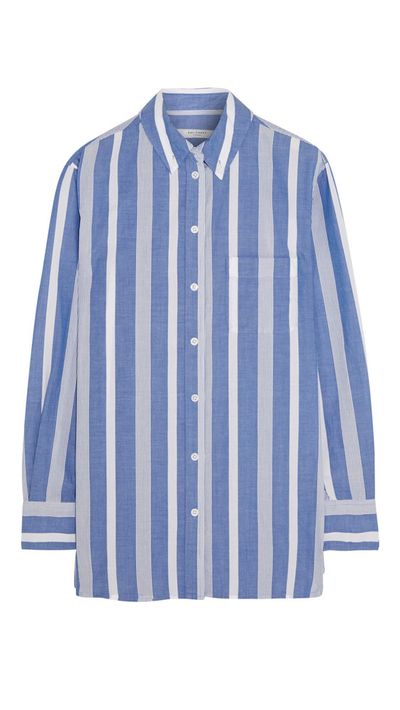<p><a href="http://www.net-a-porter.com/au/en/product/537085" target="_blank">Margaux Oversized Striped Cotton Shirt, $253.98, Equipment</a></p>