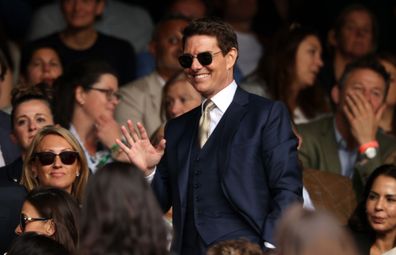 LONDON, ENGLAND - JULY 10:  Tom Cruise watches the Ladies' Singles Final match between Ashleigh Barty of Australia and Karolina Pliskova of The Czech Republic  on Day Twelve of The Championships - Wimbledon 2021 at All England Lawn Tennis and Croquet Club on July 10, 2021 in London, England. (Photo by Clive Brunskill/Getty Images)