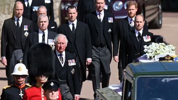 WINDSOR, ENGLAND - APRIL 17: Prince Charles, Prince of Wales walks behind The Duke of Edinburghs coffin, covered with His Royal Highnesss Personal Standard, during the Ceremonial Procession during the funeral of Prince Philip, Duke of Edinburgh at Windsor Castle on April 17, 2021 in Windsor, England. Prince Philip of Greece and Denmark was born 10 June 1921, in Greece. He served in the British Royal Navy and fought in WWII. He married the then Princess Elizabeth on 20 November 1947 and was creat