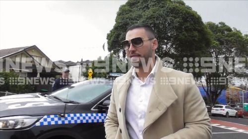 Salim Mehajer arrives at his Lidcombe property during the raid. Picture: 9NEWS