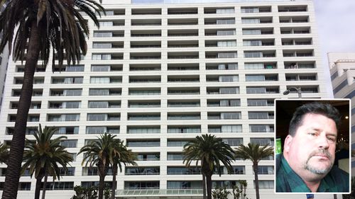 Jack Rissell (inset) sat outside R.J. Cipriani and Greice Santo's 1221 Ocean Avenue apartment in Santa Monica for month, trying to intimidate the pair. Source: (Supplied)