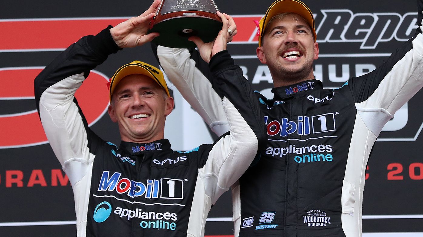 Lee Holdsworth and Chaz Mostert celebrate their Bathurst 1000 win.