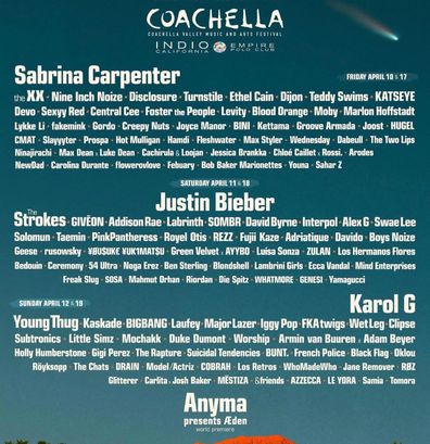 Coachella’s 2026 lineup announced with Sabrina Carpenter, Justin Bieber and Karol G headlining
