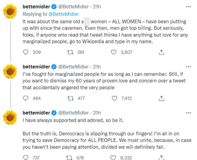 Bette Midler clarifies controversial tweets.