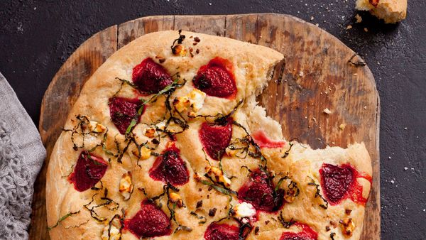 Strawberry, basil and goat&#x27;s cheese foccacia recipe
