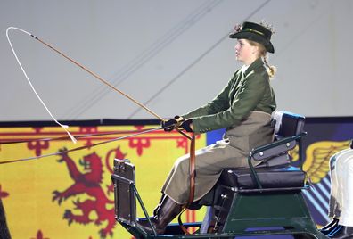 WINDSOR, ENGLAND - MAY 15: Lady Louise Windsor rides The Duke of Edinburgh's carriage during the Official Platinum Jubilee Celebration "A Gallop Through History" performance as part of the official celebrations for Queen Elizabeth II's Platinum Jubilee at the Royal Windsor Horse Show at Home Park on May 15, 2022 in Windsor, England. The Royal Windsor Horse Show continued the Platinum Jubilee celebrations with the A Gallop Through History event. Each evening, the Platinum Jubilee celebration saw 