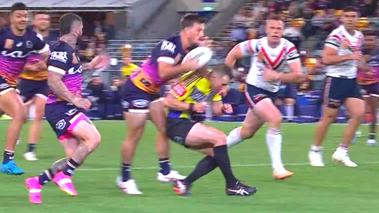 Tyson Smoothy ran into referee Grant Atkins, denying him his first NRL try.