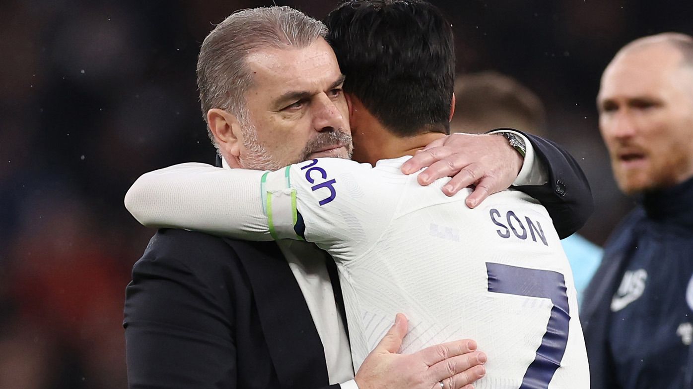 Ange Postecoglou, Manager of Tottenham Hotspur, interacts with Son Heung-Min of Tottenham Hotspur following the Premier League match between Tottenham Hotspur and Brighton &amp; Hove Albion at Tottenham Hotspur Stadium on February 10, 2024 in London, England. (Photo by Julian Finney/Getty Images)