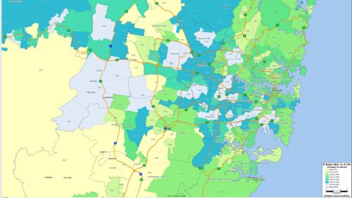SYDNEY: The map shows which suburbs will be most affected by mortgage stress.  The key refers to the percentage of families in each suburb that will experience mortgage stress if home loan rates rise to 7 per cent.