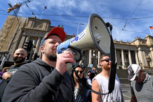 Erikson speaks at a far-right political rally in Melbourne on September 17 last year. (AAP)