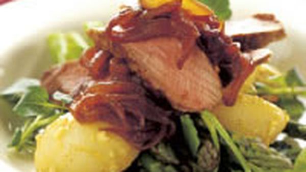 Lamb with caramelised onions and potato watercress salad