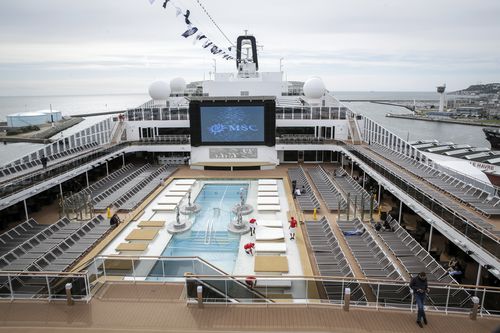 A file, general view of the upper deck pool area of the MSC Meraviglia cruise ship docked in Le Havre harbour, Normandy, France. Picture: Thomas Padilla