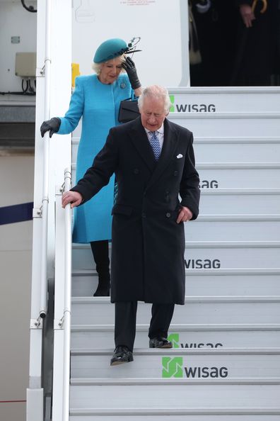 King Charles III and Camilla - Queen Consort arrive at BER Berlin Brandenburg Airport to start their first state visit to Germany on March 29, 2023 in Schoenefeld, Germany. The King and The Queen Consort's first state visit to Germany is taking place in Berlin, Brandenburg and Hamburg from Wednesday, March 29th, to Friday, March 31st, 2023. 