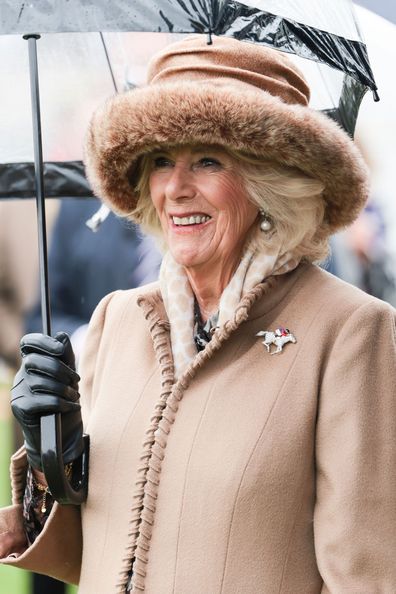 Camilla, Queen Consort is seen on the track on day two of The Cheltenham Festival at Cheltenham Racecourse on March 15, 2023 in Cheltenham, England