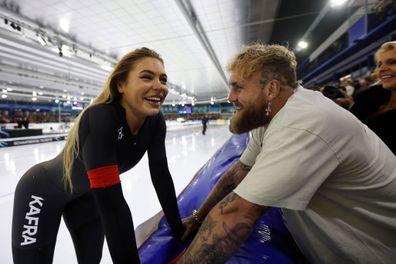 Jake Paul and Jutta Leerdam at the Daikin NK Allround & Sprint Ice Skating Dutch Championships in 2024.