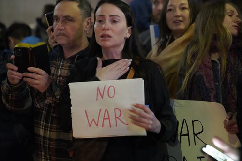 People protest the Russian invasion of Ukraine at a demonstration in the Studio City neighbourhood of Los Angeles, Thursday, Feb. 24, 2022.