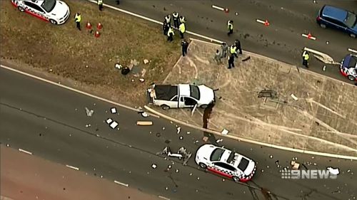 A mother and son are lucky to be alive after two men in a ute smashed into their car during a high-speed police pursuit.