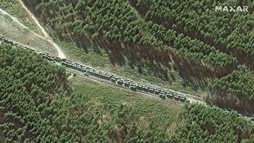 The convoy of Russian tanks and armoured vehicles, which sometimes spans three vehicles wide across the entire road and up to 64-km long, is being tracked from space.