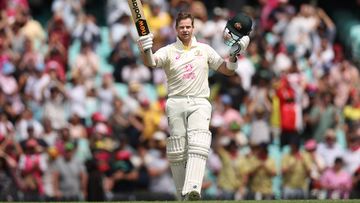 Steve Smith of Australia celebrates his century during day two of the Second Test match in the series between Australia and South Africa at Sydney Cricket Ground on January 05, 2023 in Sydney, Australia. (Photo by Cameron Spencer/Getty Images)