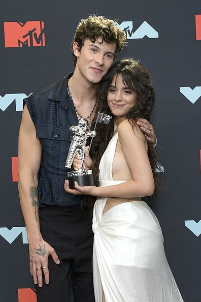 Shawn Mendes and Camila Cabello pose with the Best Collaboration Award in the Press Room during the 2019 MTV Video Music Awards at Prudential Center on August 26, 2019 in Newark, New Jersey. 