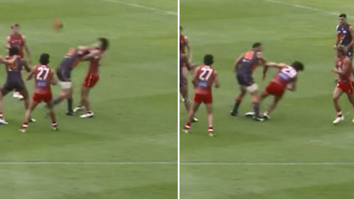 Shane Mumford in hot water after high hit in GWS practice match