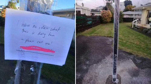 The pole was cemented in a woman's driveway without explanation.