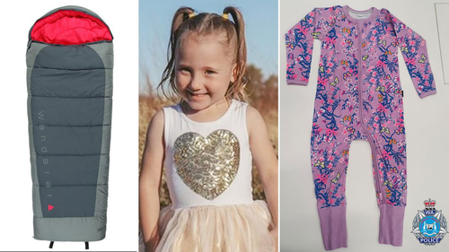 The search for Cleo Smith has entered its fifth day. Pictured are the pyjamas cleo was wearing the night of her disappearance and a similar sleeping bag. 